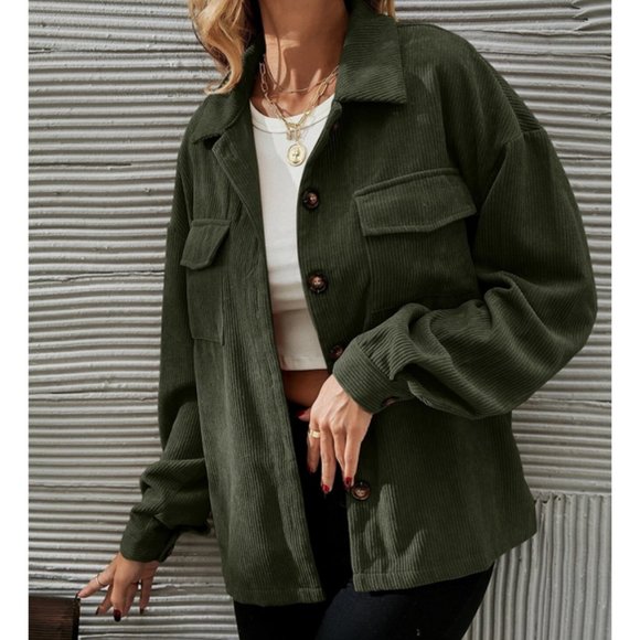 Casual Button up Corduroy Oversized Jacket Shacket Green - Picture 2 of 6